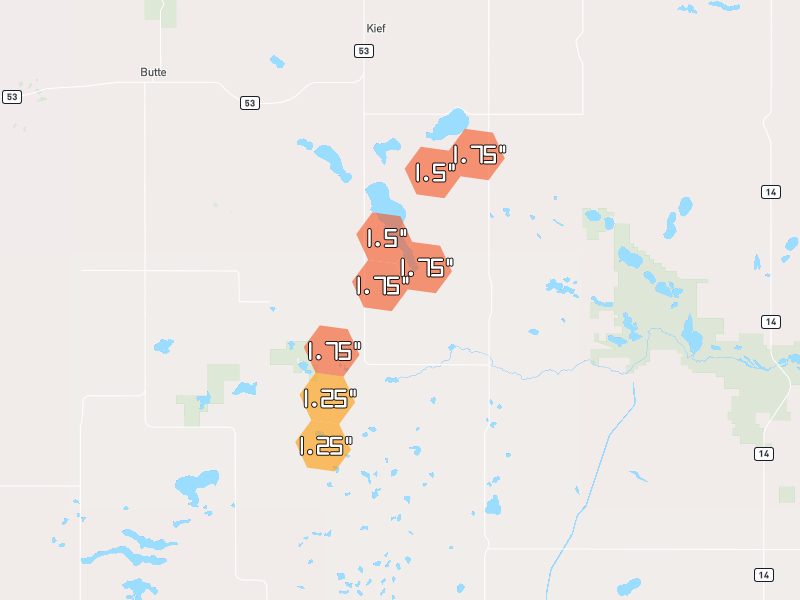 Hail map of Kief, ND on Jun 2, 2026, hail up to 1.75"