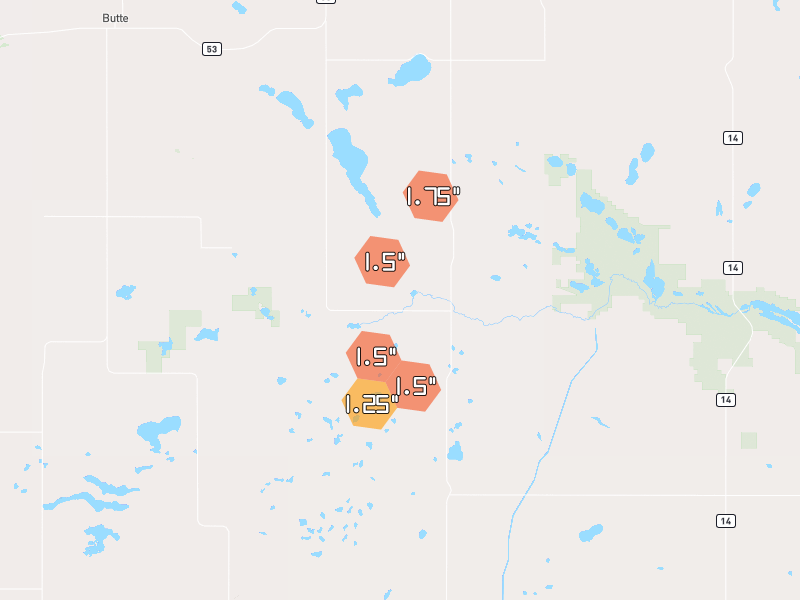 Hail map of Kief, ND on Jun 3, 2026, hail up to 1.75"
