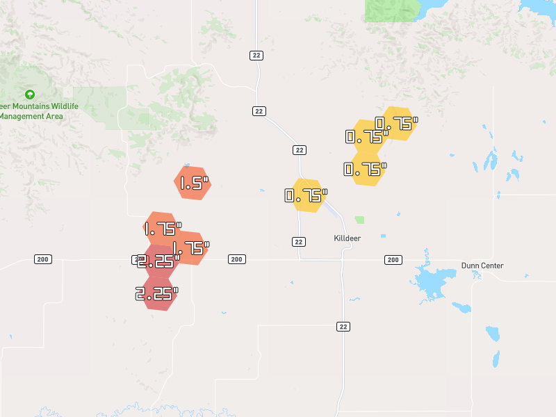 Hail map of Killdeer, ND on Jul 3, 2026, hail up to 2.25"