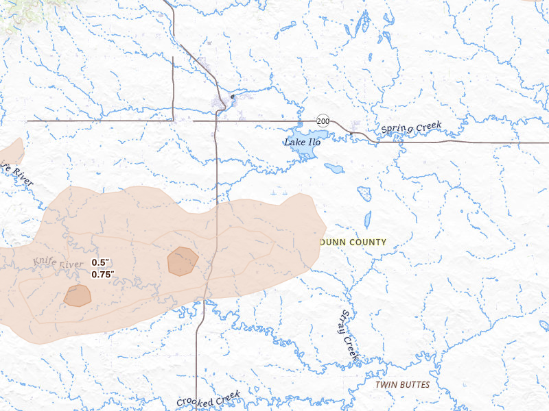 Radar-estimated hail-size map of the storm over Killdeer, ND on Jul 5, 2026