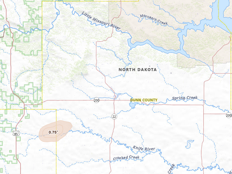 Radar-estimated hail-size map of the storm over Killdeer, ND on Aug 27, 2026