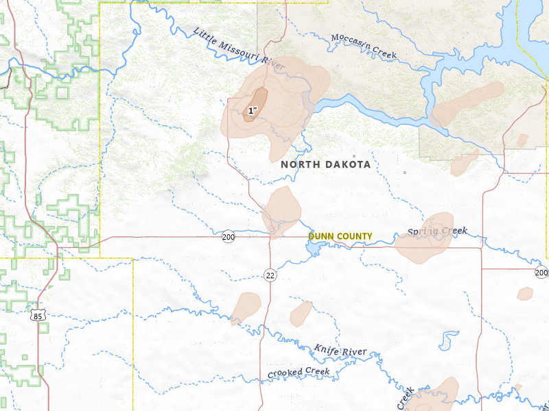 Radar-estimated hail-size map of the storm over Killdeer, ND on Aug 30, 2026