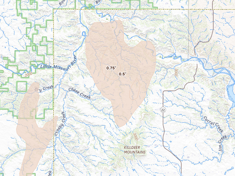 Radar-estimated hail-size map of the storm over Killdeer, ND on Sep 2, 2026