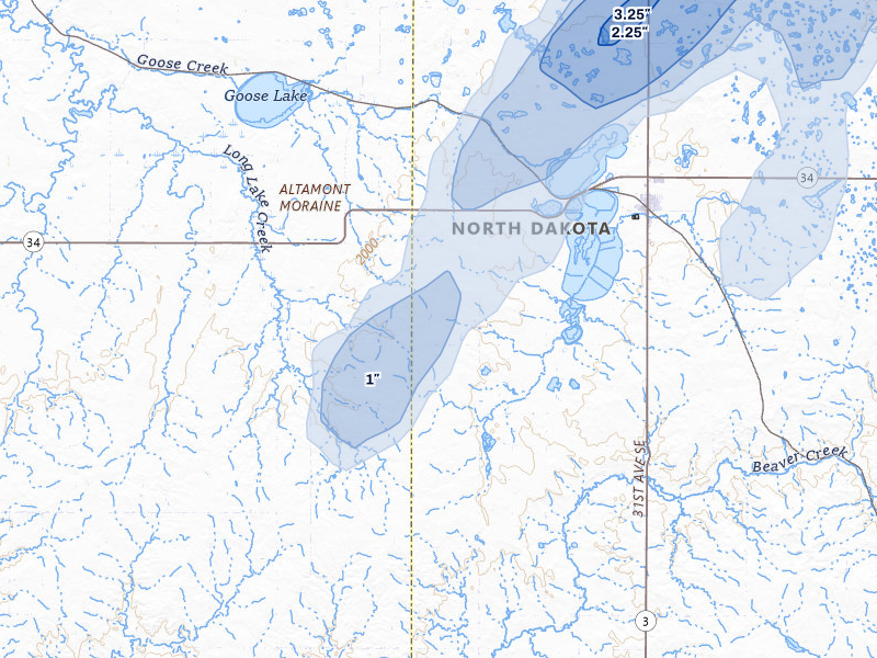 NEXRAD radar-signature map of the hail over Kintyre, ND