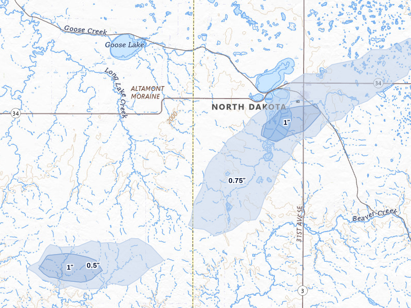 NEXRAD radar-signature map of the hail storm over Kintyre, ND on Jun 3, 2026