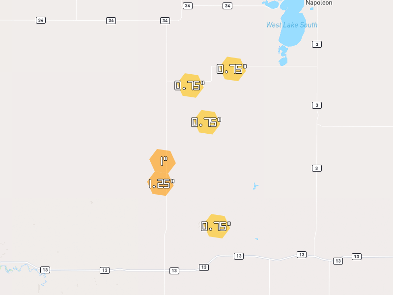 Hail map of Kintyre, ND on Jun 28, 2026, hail up to 1.25"