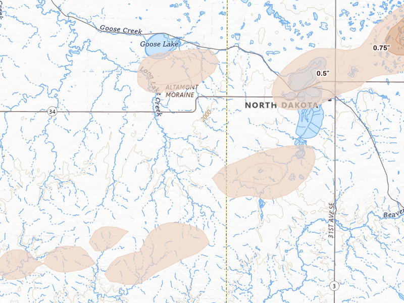 Radar-estimated hail-size map of the storm over Kintyre, ND on Aug 12, 2026
