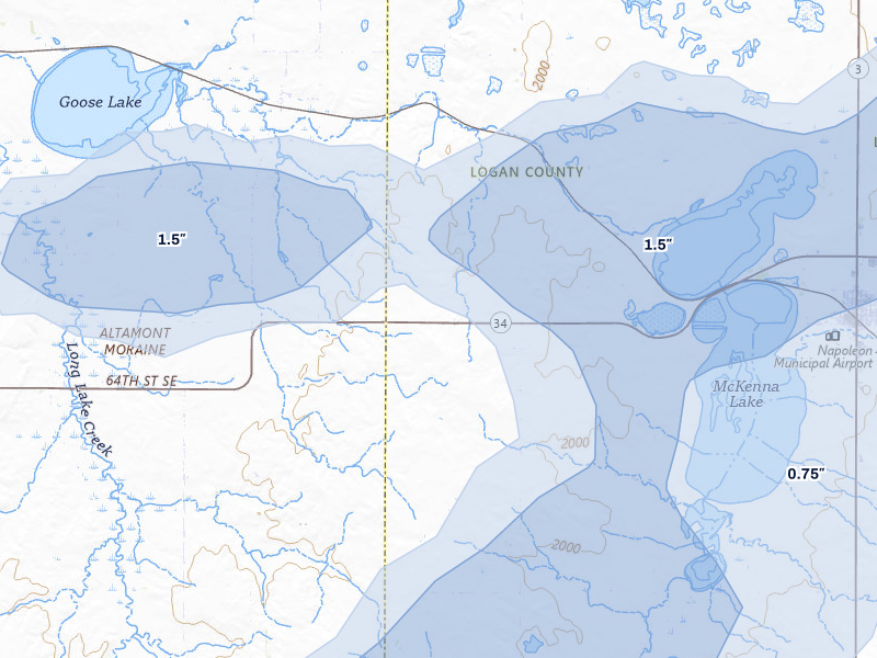 NEXRAD radar-signature map of the hail storm over Kintyre, ND on Aug 12, 2026