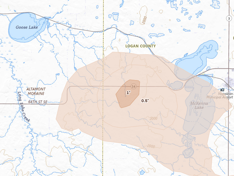 Radar-estimated hail-size map of the storm over Kintyre, ND on Aug 24, 2026