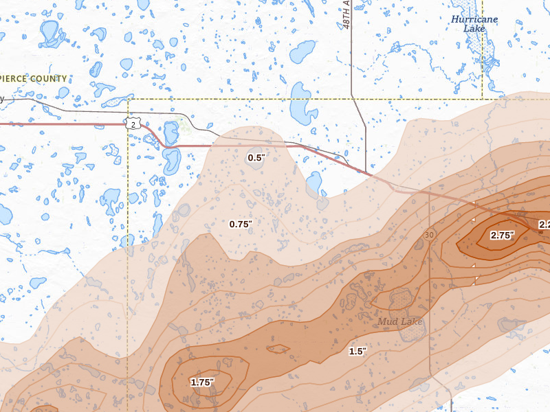 Radar-estimated hail-size map of the storm over Knox, ND on Jun 28, 2026