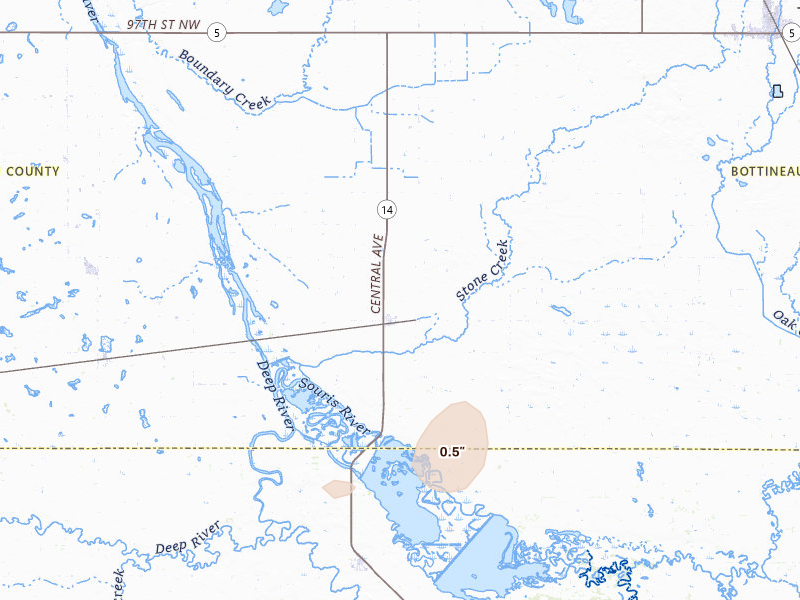 Radar-estimated hail-size map of the storm over Kramer, ND on Jul 5, 2026
