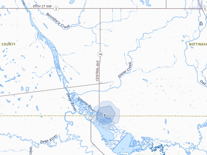 NEXRAD radar-signature map of the hail storm over Kramer, ND on Jul 5, 2026