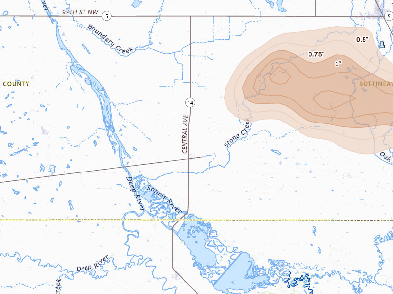 Radar-estimated hail-size map of the storm over Kramer, ND on Jul 14, 2026