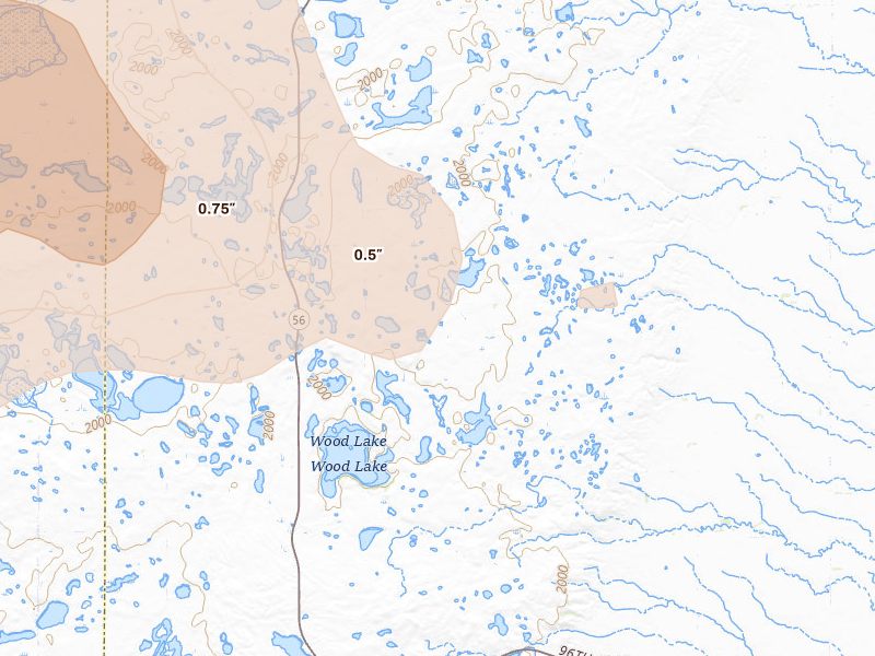 Radar-estimated hail-size map of the storm over Kulm, ND on Jul 19, 2026