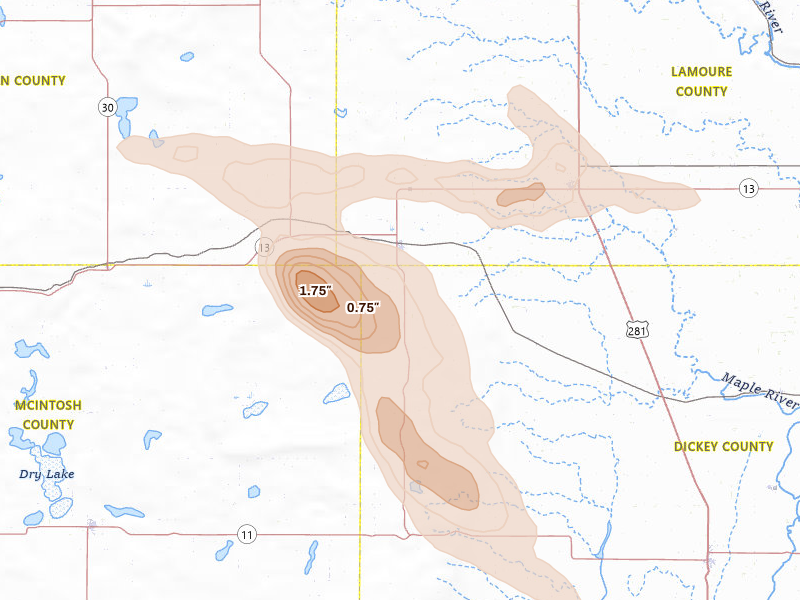 Radar-estimated hail-size map of the storm over Kulm, ND on Aug 11, 2026