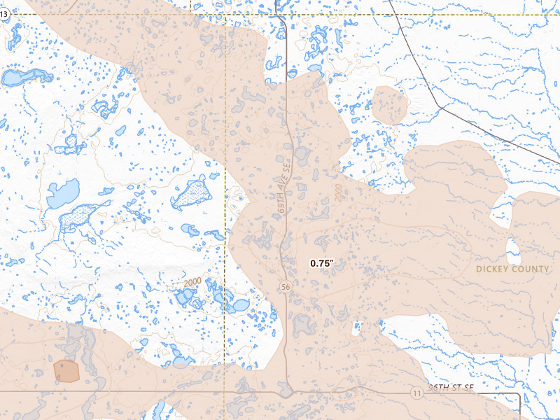 Radar-estimated hail-size map of the storm over Kulm, ND on Aug 24, 2026