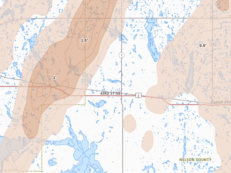 Radar-estimated hail-size map of the storm over Lakota, ND on Jun 2, 2026