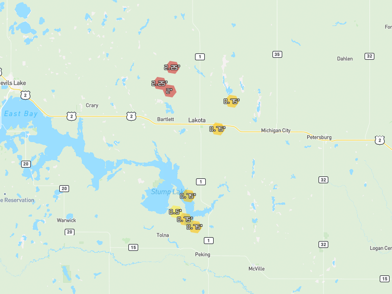 Hail map of Lakota, ND on Jun 2, 2026, hail up to 2.25"