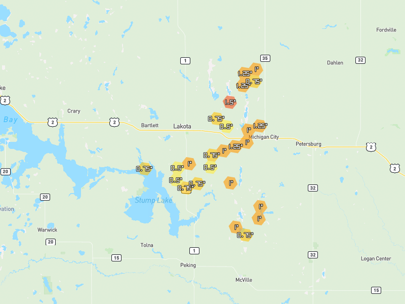 Hail map of Lakota, ND on Jun 3, 2026, hail up to 1.5"