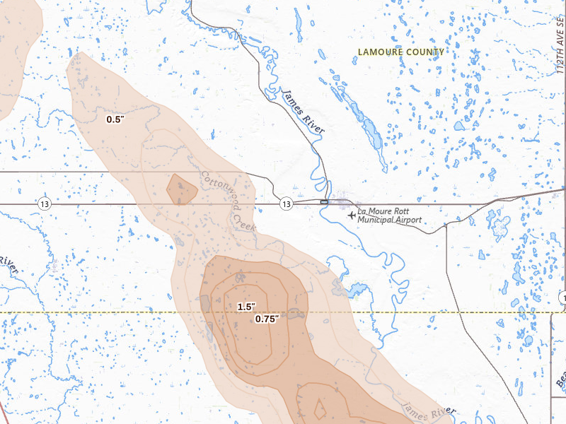 Radar-estimated hail-size map of the storm over Lamoure, ND on Aug 24, 2026