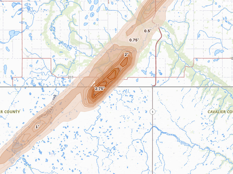 Radar-estimated hail-size map of the storm over Langdon, ND