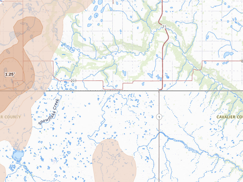 Radar-estimated hail-size map of the storm over Langdon, ND on Jun 2, 2026
