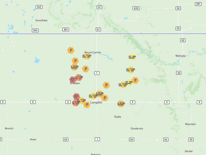 Hail map of Langdon, ND on Jun 2, 2026, hail up to 2"