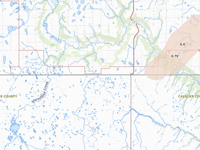 Radar-estimated hail-size map of the storm over Langdon, ND on Jun 28, 2026
