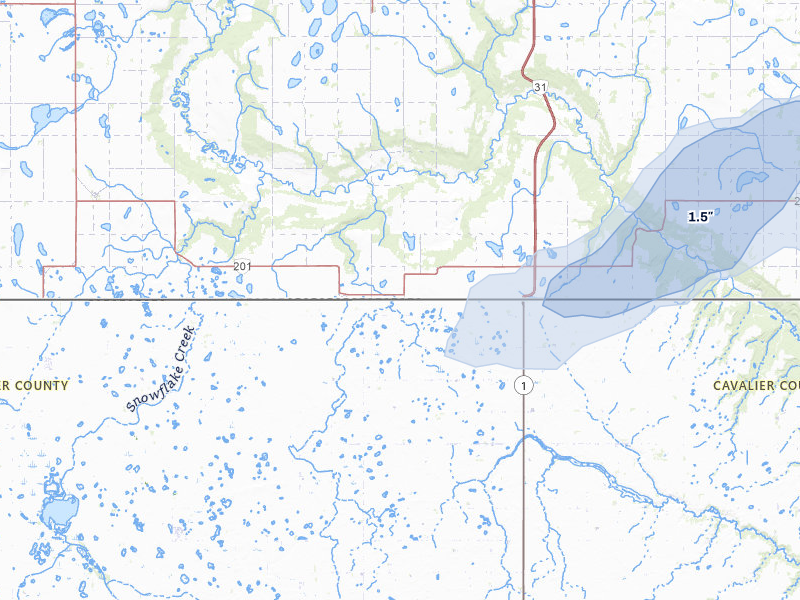 NEXRAD radar-signature map of the hail over Langdon, ND