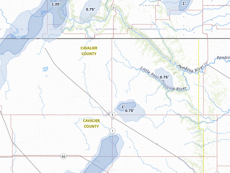 NEXRAD radar-signature map of the hail over Langdon, ND