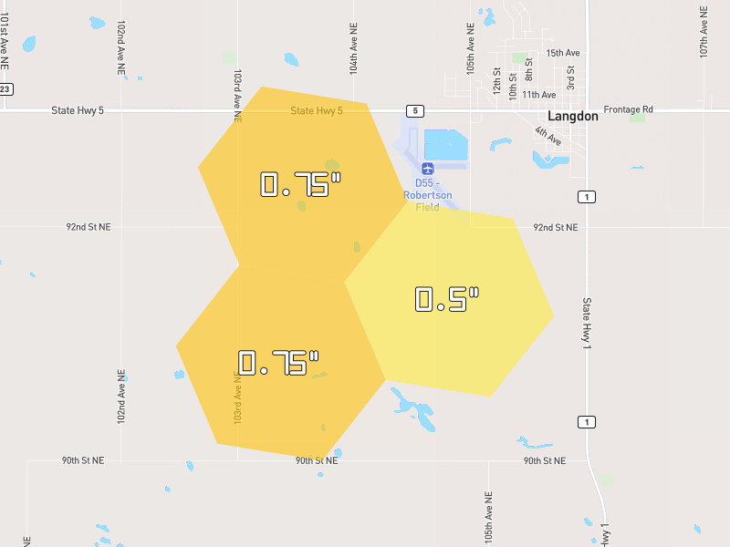 Hail map of Langdon, ND on Jun 29, 2026, hail up to 0.75"