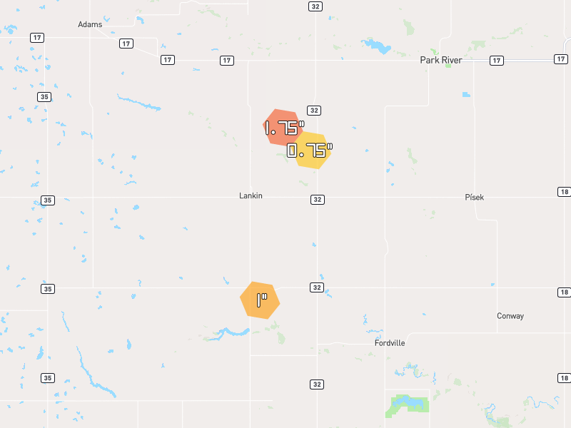 Hail map of Lankin, ND on Jun 3, 2026, hail up to 1.75"