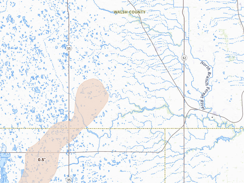 Radar-estimated hail-size map of the storm over Lankin, ND on Jun 29, 2026