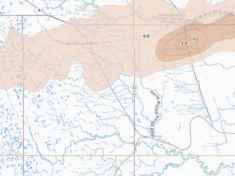 Radar-estimated hail-size map of the storm over Lankin, ND