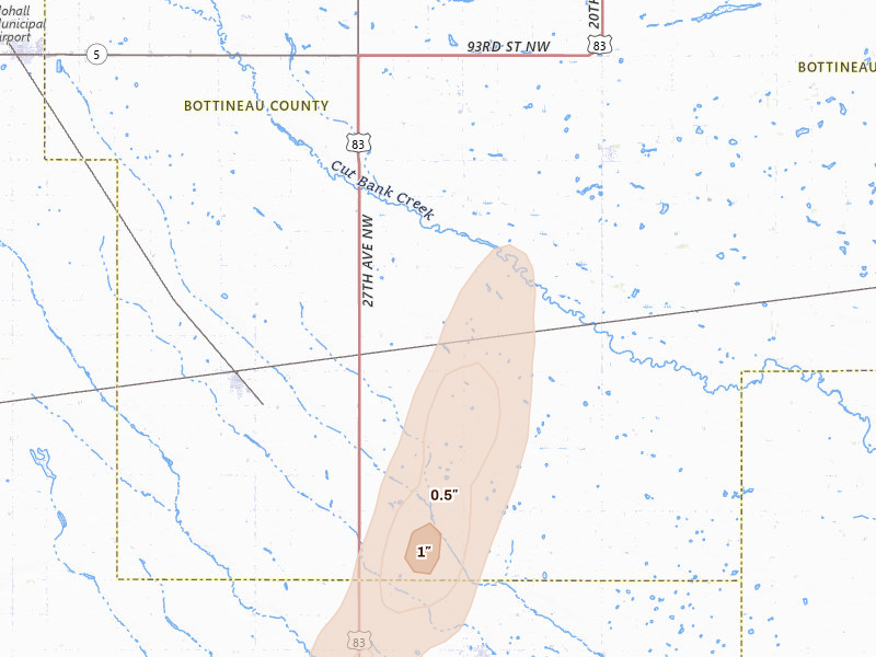 Radar-estimated hail-size map of the storm over Lansford, ND on Jun 28, 2026