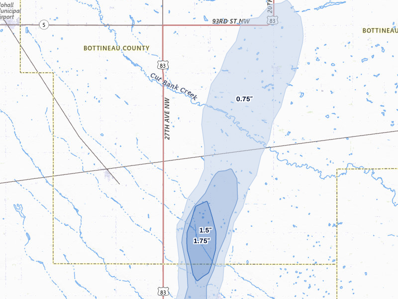 NEXRAD radar-signature map of the hail over Lansford, ND