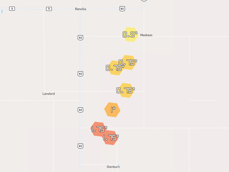 Hail map of Lansford, ND on Jun 29, 2026, hail up to 1.75"