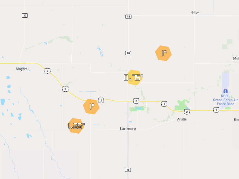 Hail map of Larimore, ND on Jun 3, 2026, hail up to 1.25"