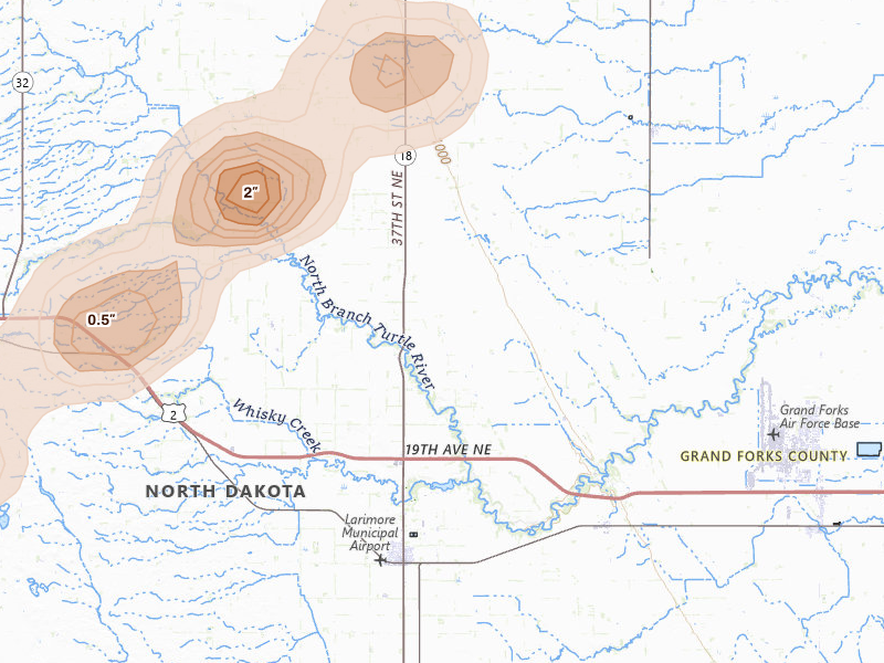 Radar-estimated hail-size map of the storm over Larimore, ND on Jun 29, 2026