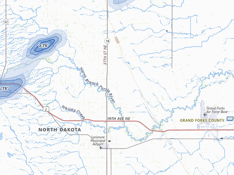 NEXRAD radar-signature map of the hail over Larimore, ND