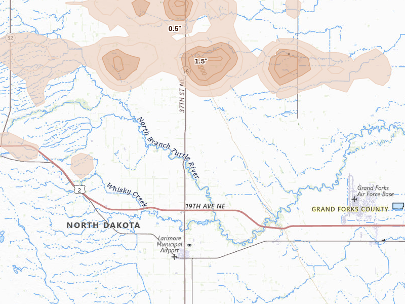 Radar-estimated hail-size map of the storm over Larimore, ND on Jul 24, 2026