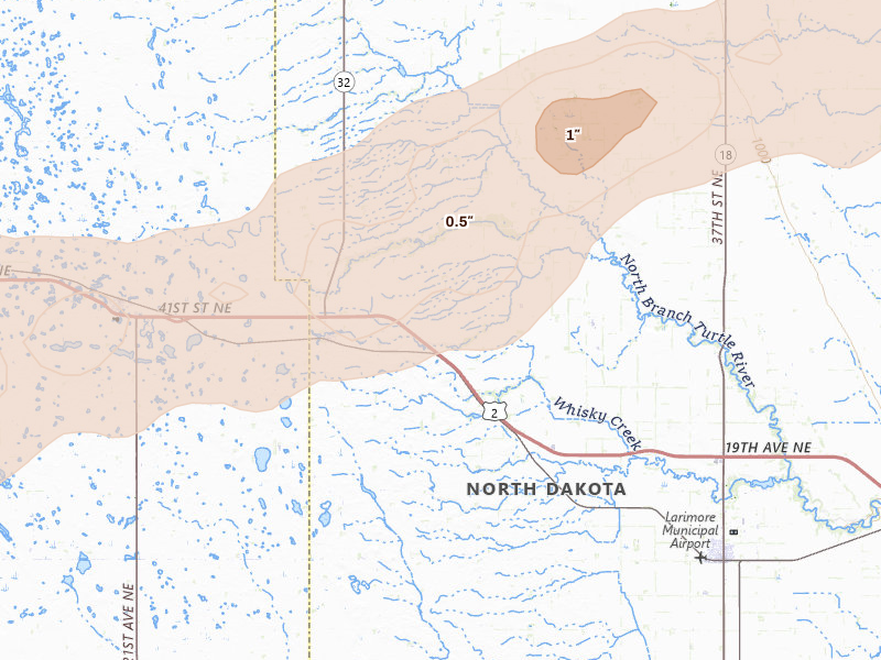 Radar-estimated hail-size map of the storm over Larimore, ND on Aug 24, 2026