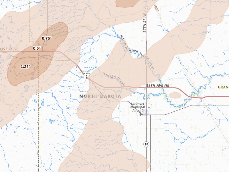 Radar-estimated hail-size map of the storm over Larimore, ND on Sep 3, 2026