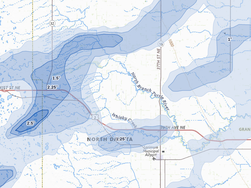 NEXRAD radar-signature map of the hail storm over Larimore, ND on Sep 3, 2026