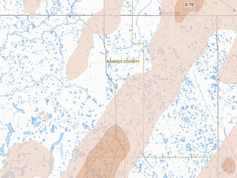 Radar-estimated hail-size map of the storm over Lawton, ND on Jun 2, 2026