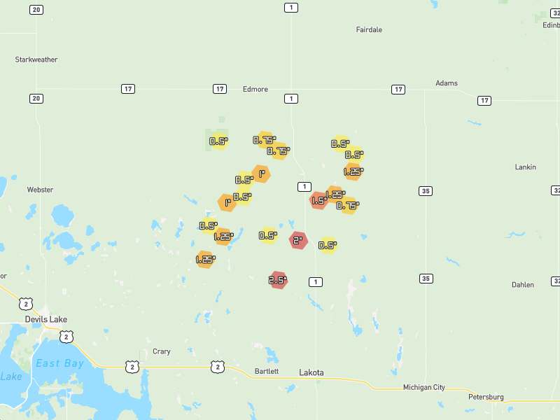 Hail map of Lawton, ND on Jun 2, 2026, hail up to 2.5"