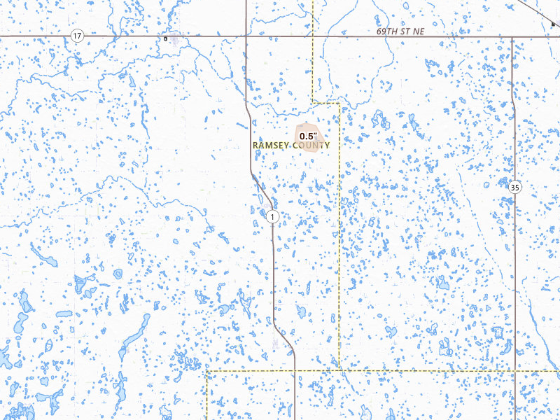 Radar-estimated hail-size map of the storm over Lawton, ND on Jun 9, 2026
