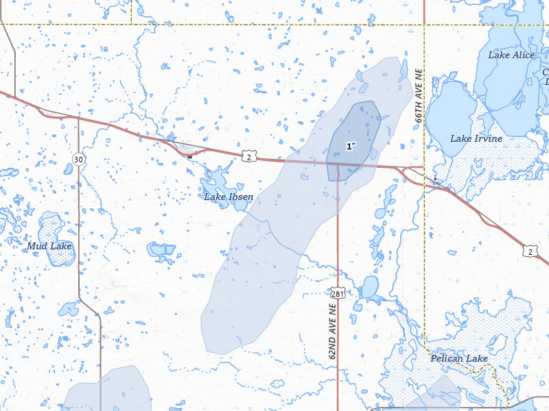 NEXRAD radar-signature map of the hail over Leeds, ND