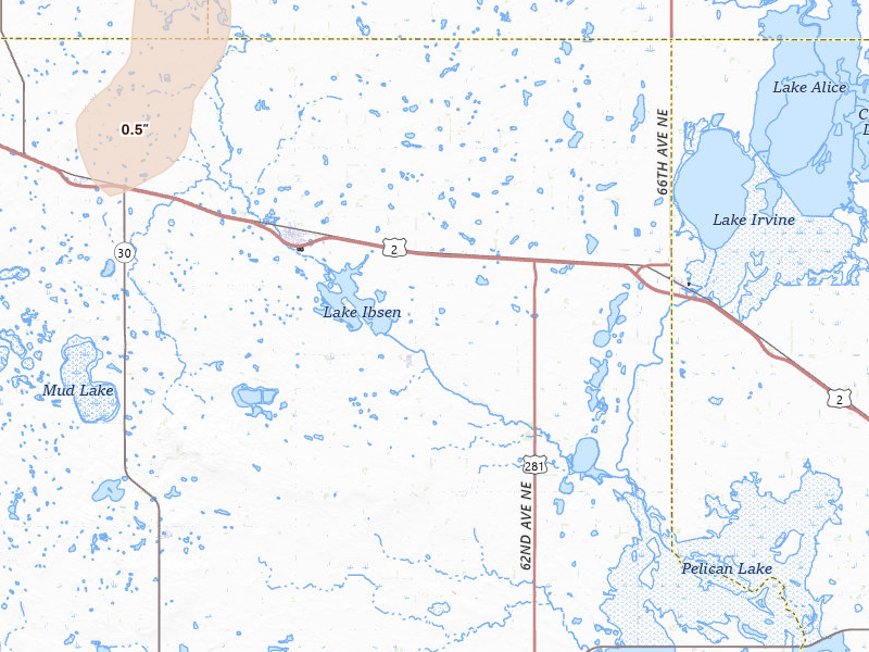 Radar-estimated hail-size map of the storm over Leeds, ND on Jun 9, 2026