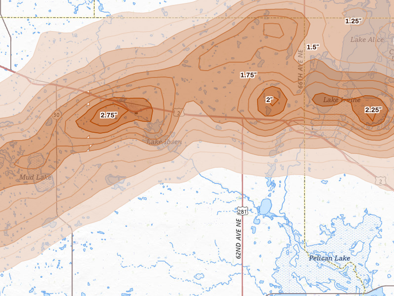 Radar-estimated hail-size map of the storm over Leeds, ND on Jun 28, 2026